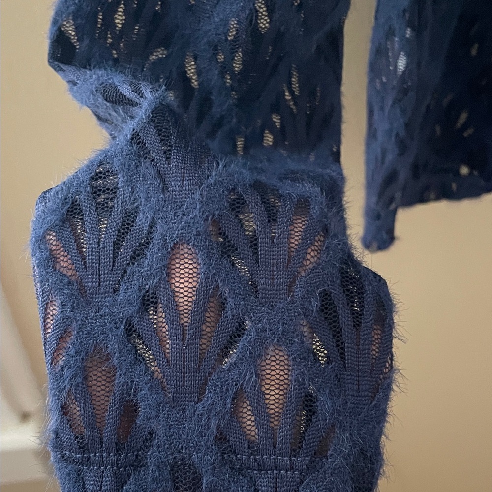 LOFT Navy Lace Top Small Semi-Sheer Long-Sleeve Button-up. - Picture 4 of 6